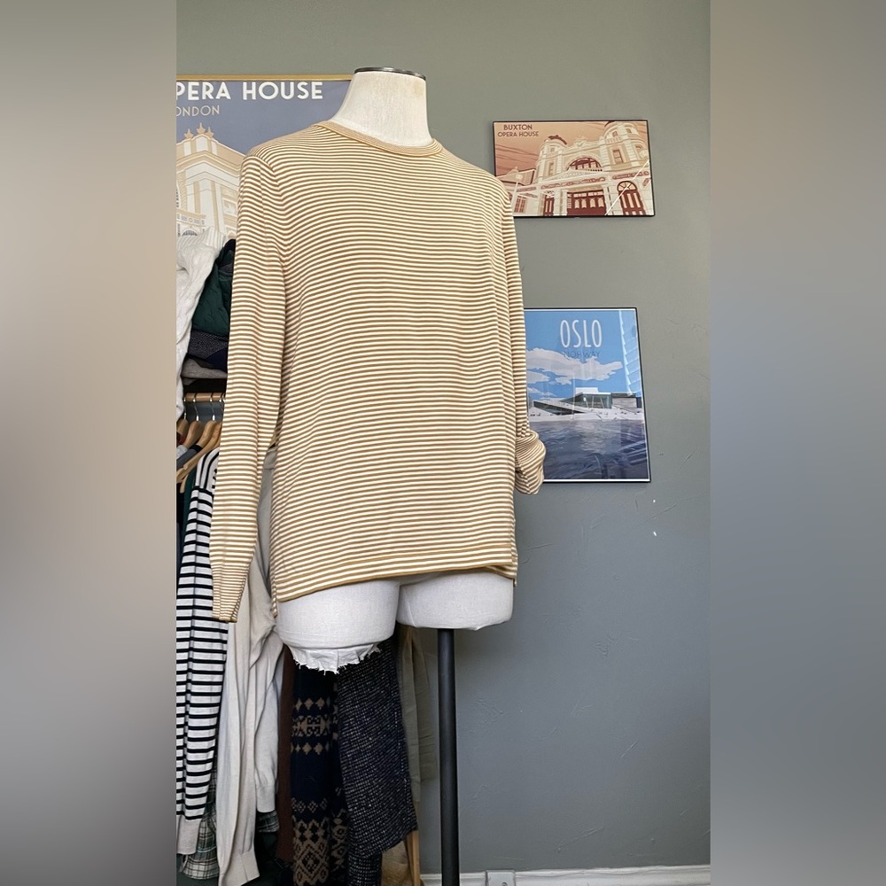 J. Crew Ochre and White Stripped Split Hem Sweater